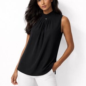 Ming Wang Women Sleeveless Pleated Mock Neck Blouse M Minimalist Quiet Luxury